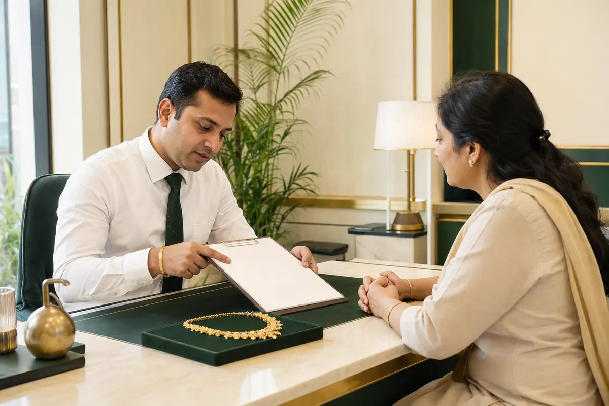 Gold evaluator clearly explaining a valuation to a customer