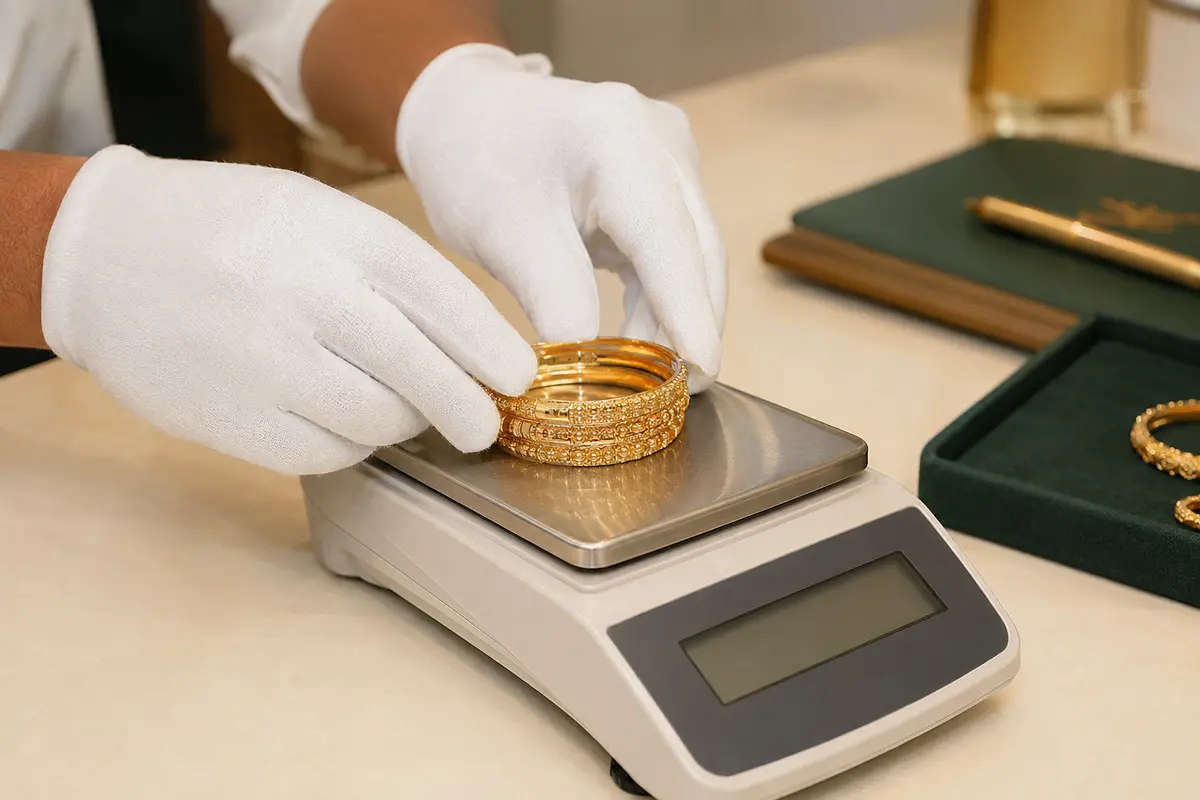Gold bangles being weighed on a calibrated precision scale