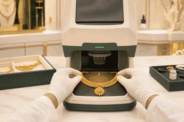Animated demonstration of professional gold purity testing