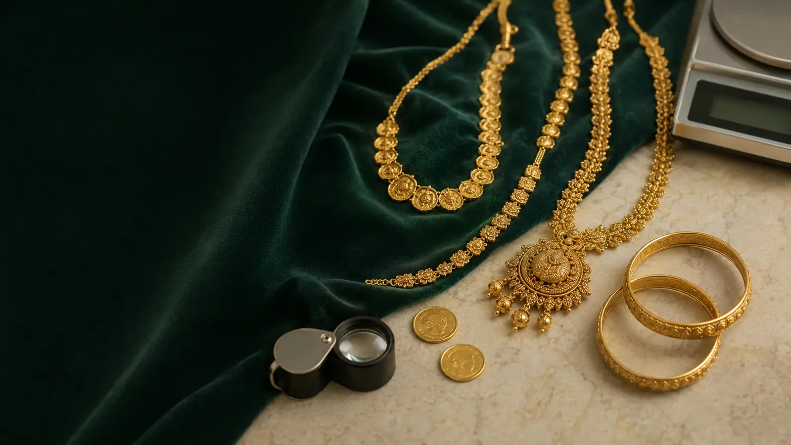 Indian gold jewellery arranged for transparent professional evaluation